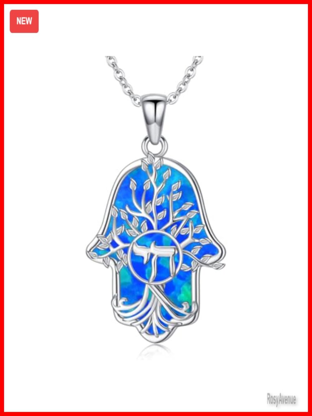 925 Sterling Silver Hamsa Chai Pendant Necklace Blue Opal 18+2 Inch